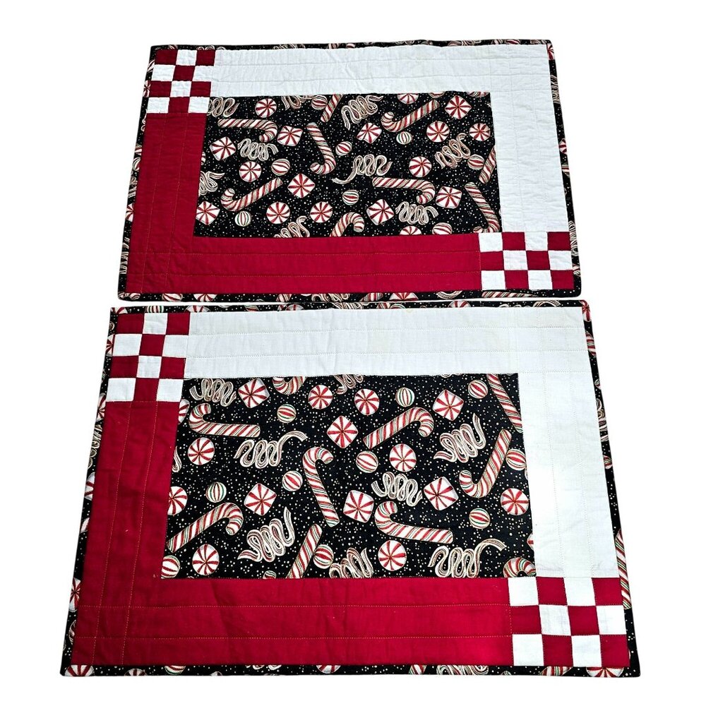 Handcrafted Christmas Quilted Placemats 20x14.5" set/2 peppermints black red whi